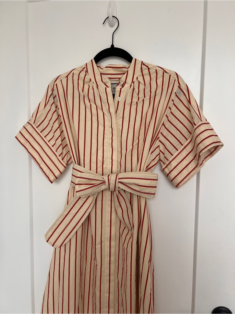 Tuckernuck Tie-Waist Midi Dress in Cream and Red - Picture 3 of 6